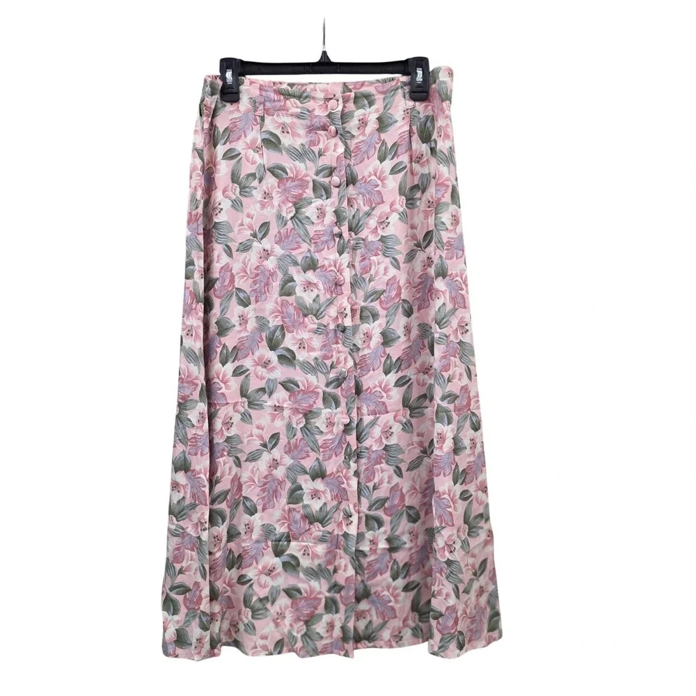 VTG Pinup A-line Boho Long Skirt Women M Pink Floral Button Front Rayon 80s Prep